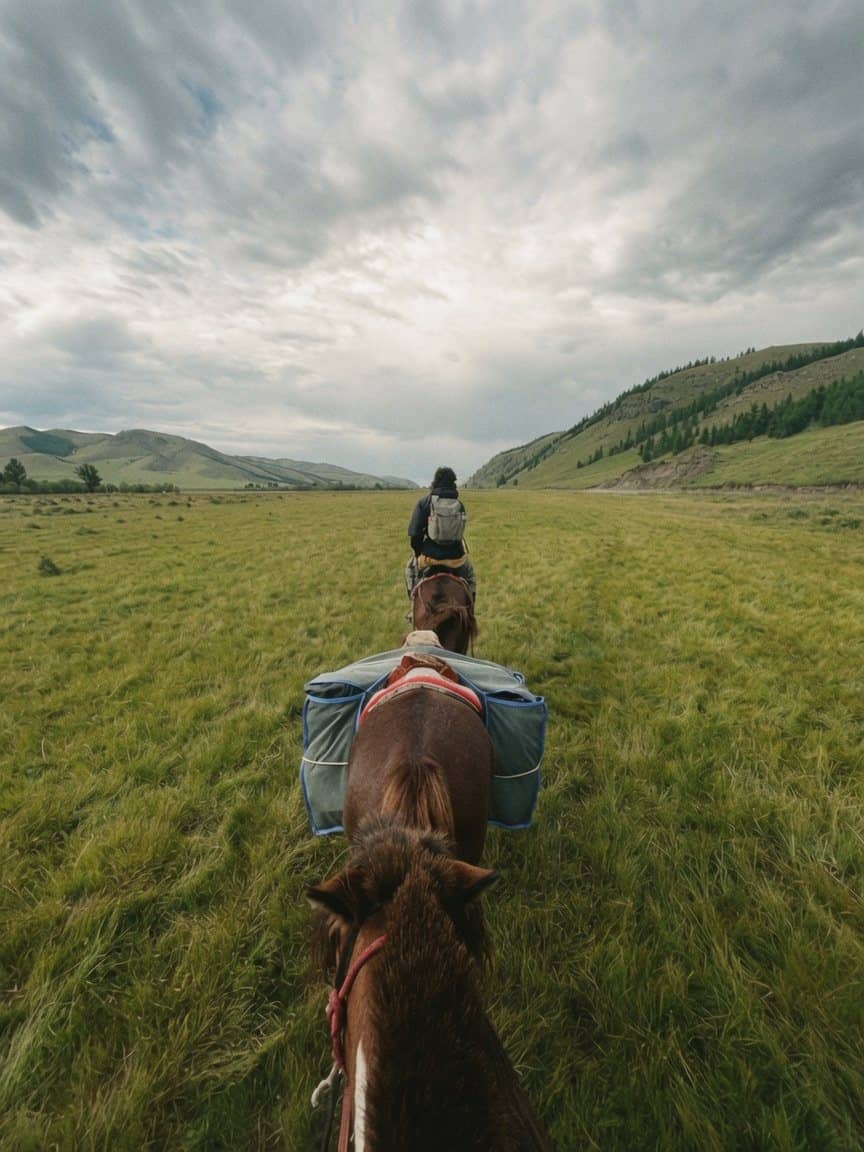 Horseback point of view crossing a grassy Mongolian valley under storm clouds