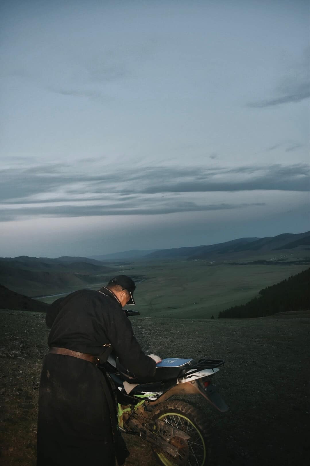 Motorbike stop overlooking a broad valley