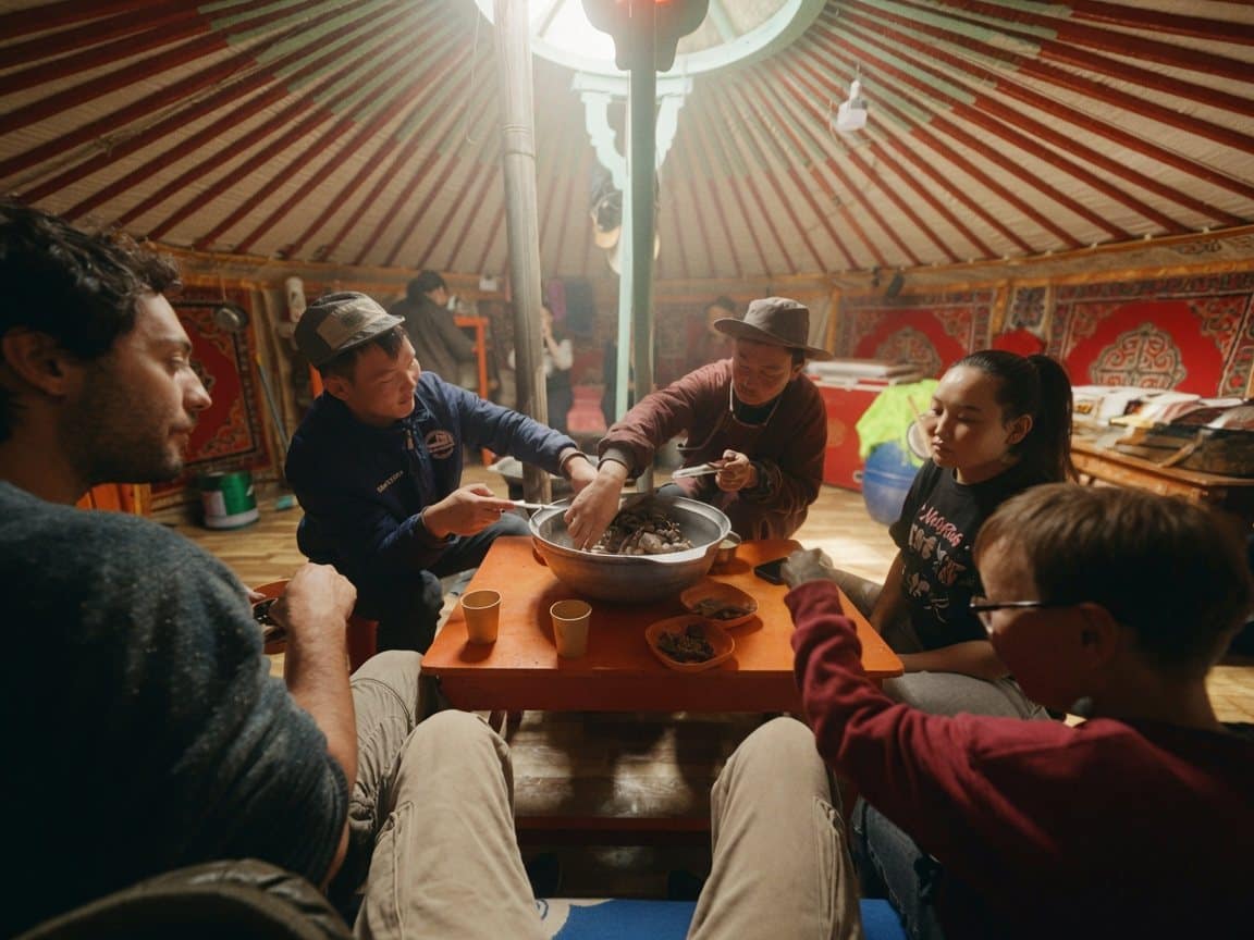 Guests sharing a meal with the host family inside a ger