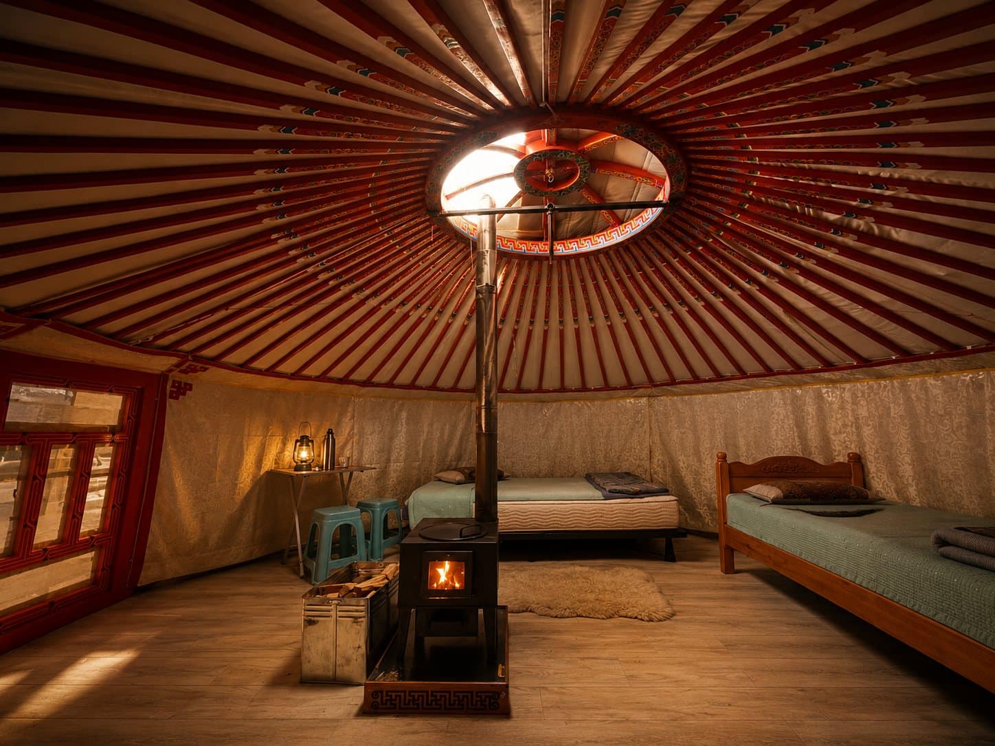 Warm ger interior with beds and a wood stove