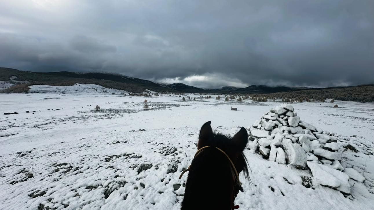 View between a horse’s ears past a snow-covered ovoo cairn across the white valley