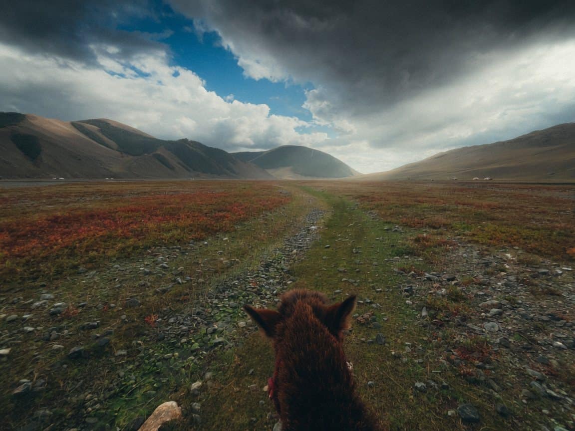 Horseback point of view riding into a stormy mountain valley