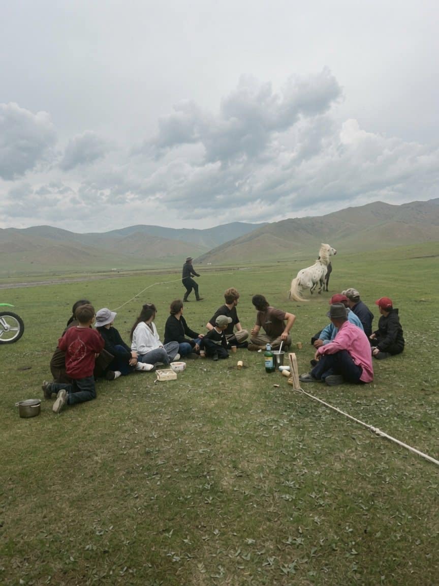 Host family and guests watching a white horse in the Mongolian valley