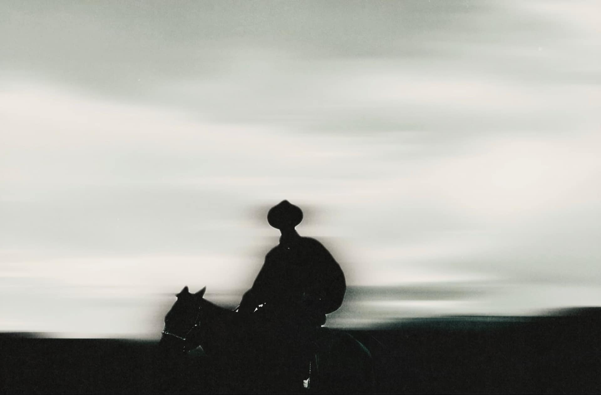 Rider silhouetted on horseback against a pale dusk sky