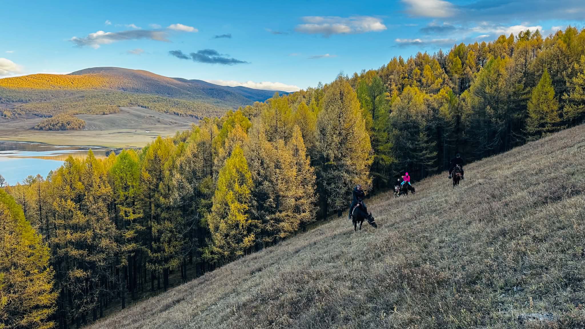 Riders traversing the open slope above the lake, the larch forest dropping away below