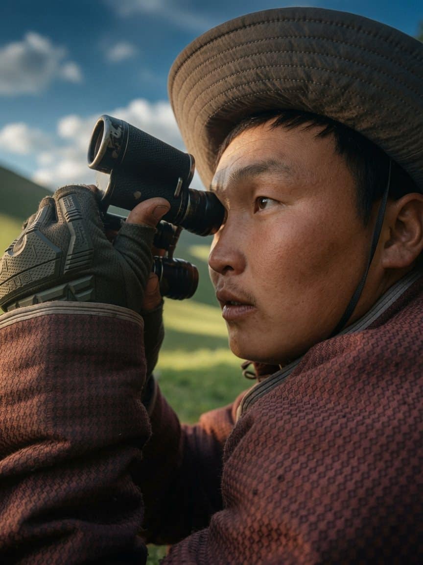 Suma scanning the valley with binoculars while hunting