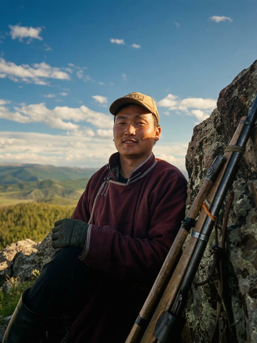 Suma resting beside a rifle above the mountain valley