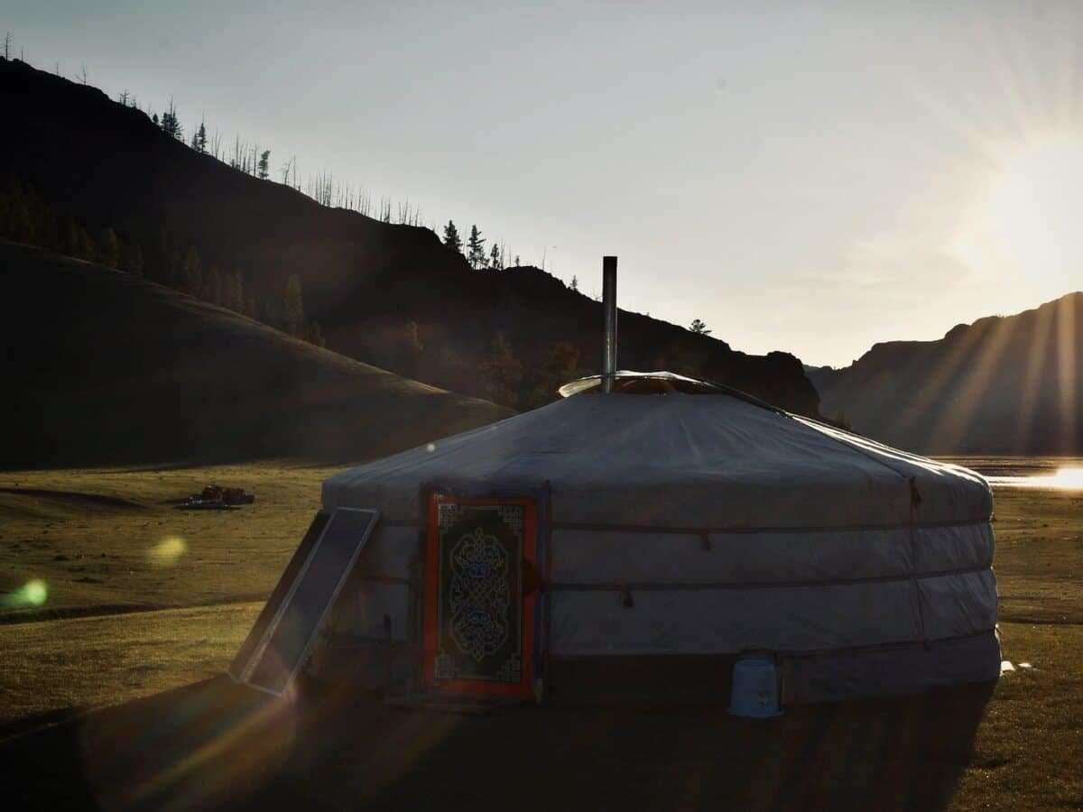 Ger camp at sunrise in the valley