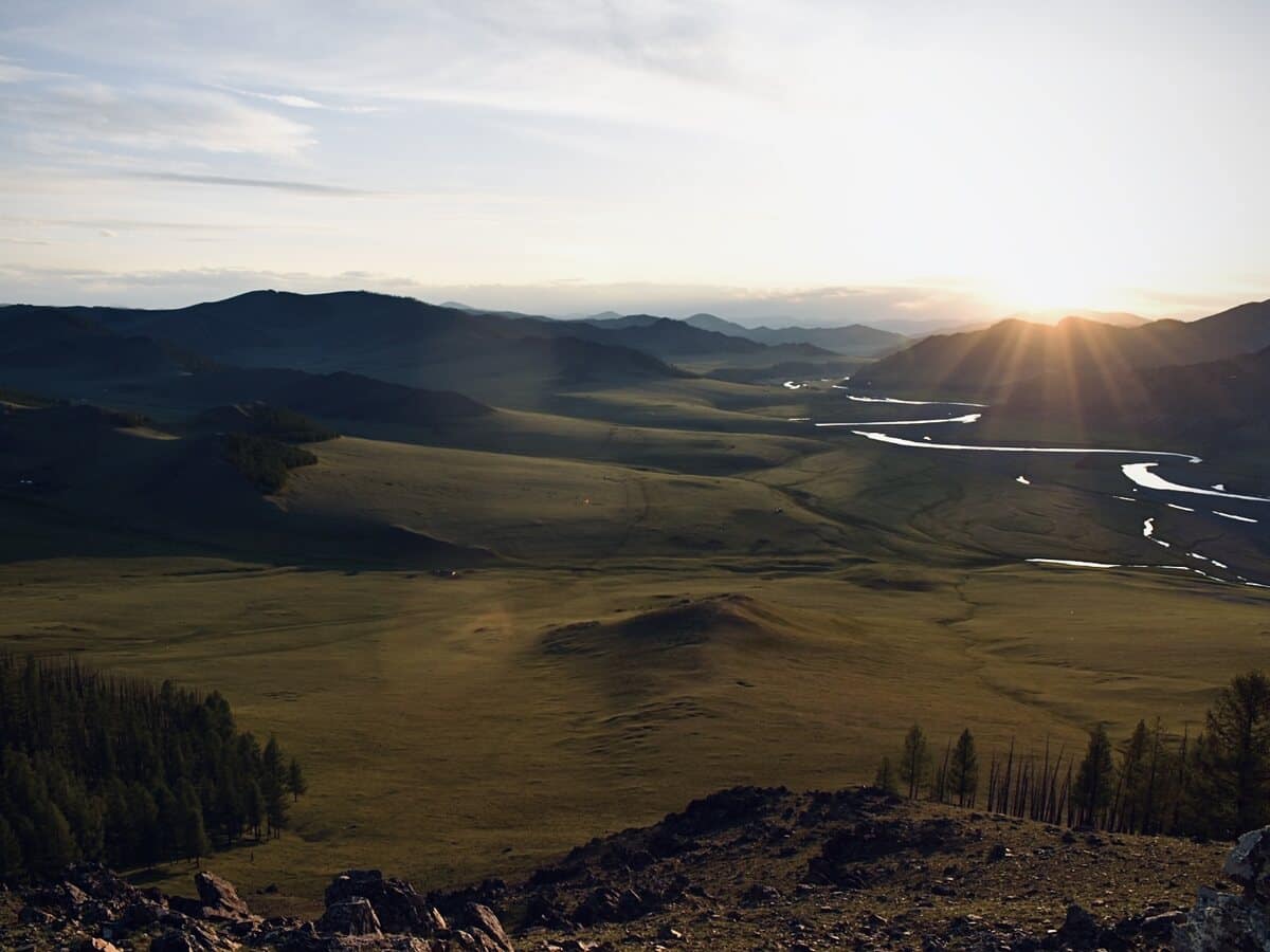 Wide sunset view across the Orkhon Valley