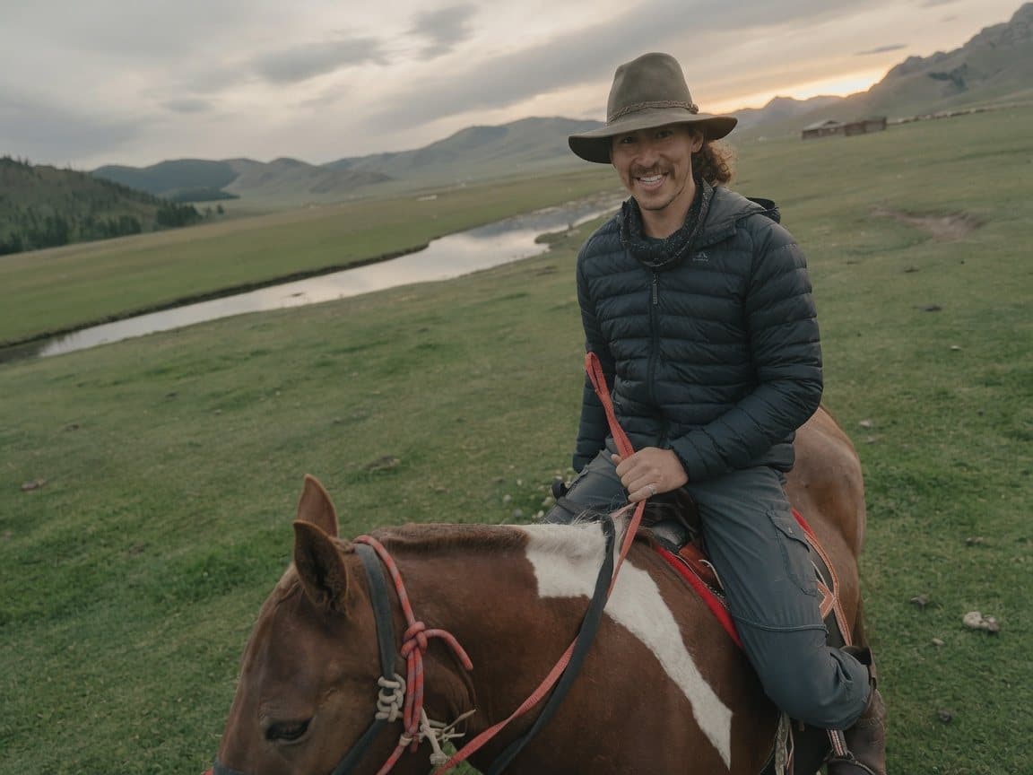 Robert Zaher smiling on horseback beside a river valley
