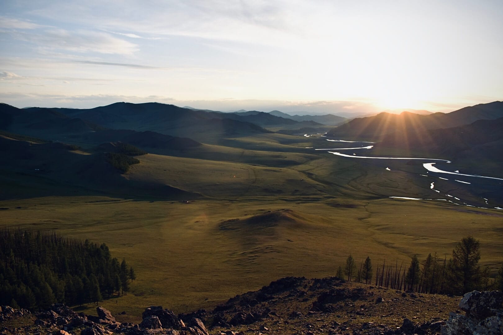 Sunset over the Orkhon Valley river bends